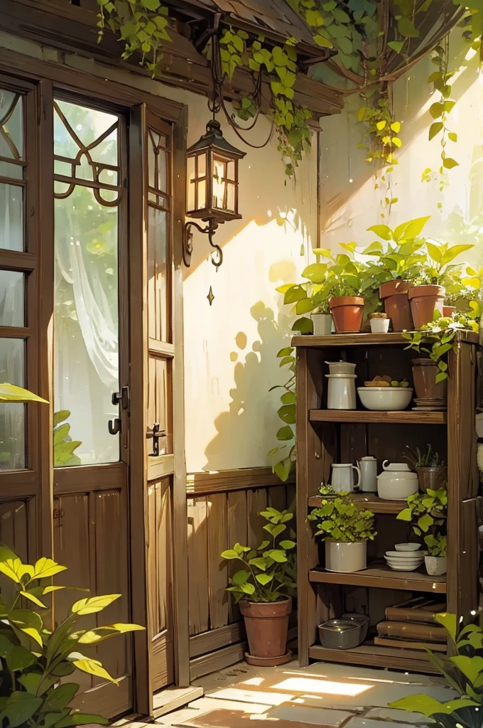 I need a rustic door in the style of a magical fairy with plants and decoration