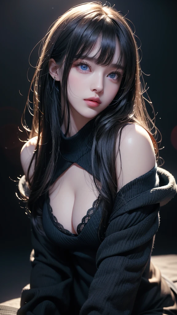 masterpiece, highest quality, Super detailed, Facing the camera, Super detailed, Realistic, Sharp features, Very detailed, Sharp focus, Perfect Face, Perfect Face, Perfect symmetrical perfect eyes, Perfect Plump Lips, Flexible female form, cinematic, Film Light, Super detailed, hyper Realistic, masterpiece, Atmospheric, High resolution, Vibrant, Dynamic Studio Lighting, ((Dark Background)), The expression when enduring pleasure, Straight bangs, Blue eyes,Black sweater, Cowboy Shot,The cleavage is visible、first round