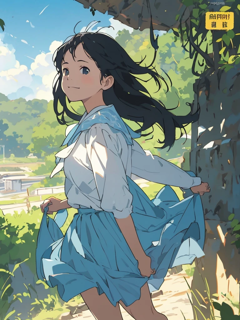 reasonable design, Clear lines, High Sharpness, (highest quality,8K,Perfect sharpness,Ultra fine,High resolution,masterpiece:1.2), Perfect Anatomy:1.5, Official Art, Illustrations that tell a story, (Whitish background:0. 9)、Body Positivity、More Mr.Physical expression、(Random and mischievous poses)、Perfect beauty、Perfect beautiful face、Strong winds、A rich expression、Dynamic composition、smile、Golden ratio composition、colorful、(Mr.Different angles and perspectives)、anime art、mini skirt、(Overcoming stereotypes)、 Glowing Skin、(Natural beauty)、smile、bangs、Straight Hair、(Soft and flowing hair)、(Rural Scenery)、(Nostalgic atmosphere)、Insert up to the thighs、(Playful and carefree)、(More Mr.Ethnic characters)、(innocent attitude)、(Sunny atmosphere)、Skirt flipped up、(Bright colors)、Belly button exposed、Beautiful Eyes、A skirt fluttering in the wind、Put it in to your feet、Some composition patterns、sensuous、Geometric pattern、emotional、Symposium cover、