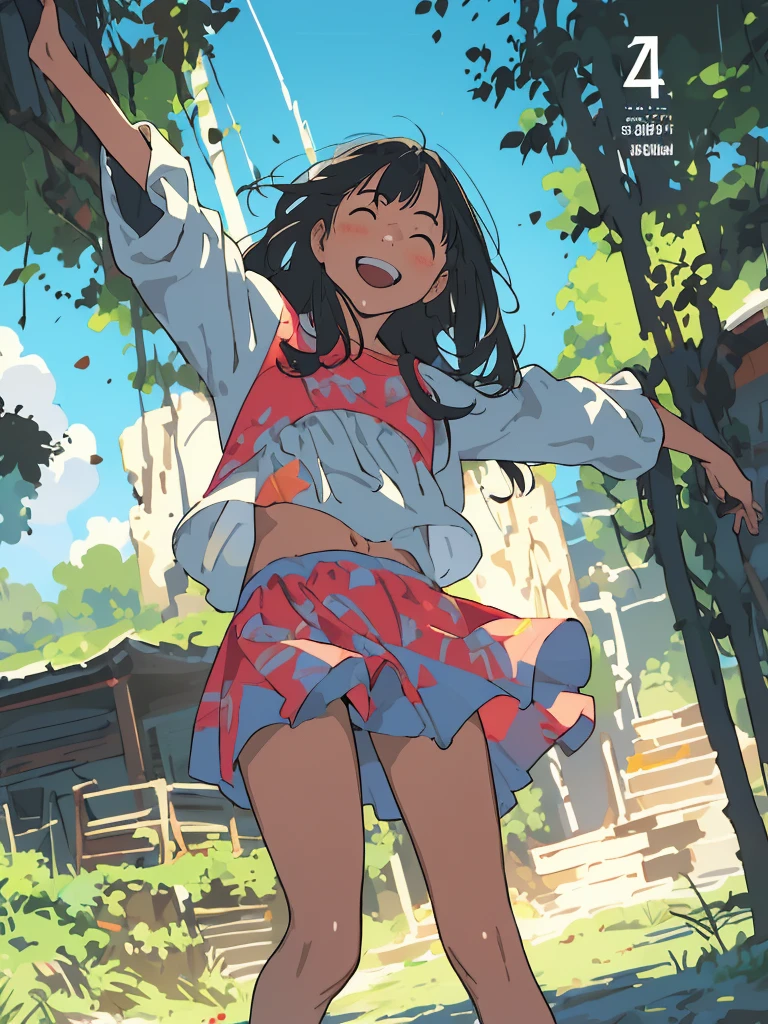 reasonable design, Clear lines, High Sharpness, (highest quality,8K,Perfect sharpness,Ultra fine,High resolution,masterpiece:1.2), Perfect Anatomy:1.5, Official Art, Illustrations that tell a story, (Whitish background:0. 9）、Body Positivity、More Mr.Physical expression、（Random and mischievous poses）、Perfect beauty、Perfect beautiful face、Strong winds、A rich expression、Dynamic composition、smile、Golden ratio composition、colorful、（Mr.Different angles and perspectives）、anime art、mini skirt、（Overcoming stereotypes）、 Glowing Skin、（Natural beauty）、smile、bangs、Straight Hair、（Soft and flowing hair）、（Rural Scenery）、（Nostalgic atmosphere）、Insert up to the thighs、（Playful and carefree）、（More Mr.Ethnic characters）、（innocent attitude）、（Sunny atmosphere）、Skirt flipped up、（Bright colors）、Belly button exposed、Beautiful Eyes、A skirt fluttering in the wind、Put it in to your feet、Some composition patterns、sensuous、Geometric pattern、emotional、Symposium cover、
