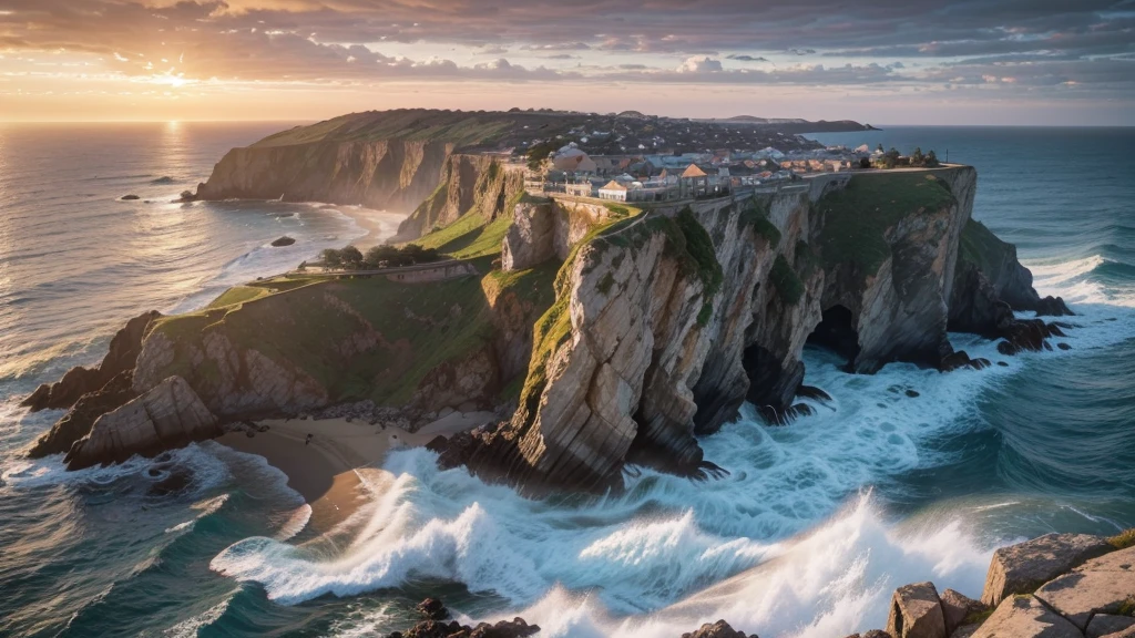 A high angle wide shot of a rugged cliff with crashing waves below, set against a dramatic rocky coastline, with seagulls soaring in the misty sky, during the golden hour of sunset, shot with a Canon EOS-1D X Mark III, 24mm wide angle lens, vibrant colors