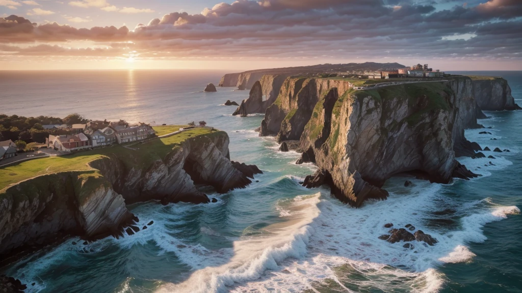 A high angle wide shot of a rugged cliff with crashing waves below, set against a dramatic rocky coastline, with seagulls soaring in the misty sky, during the golden hour of sunset, shot with a Canon EOS-1D X Mark III, 24mm wide angle lens, vibrant colors