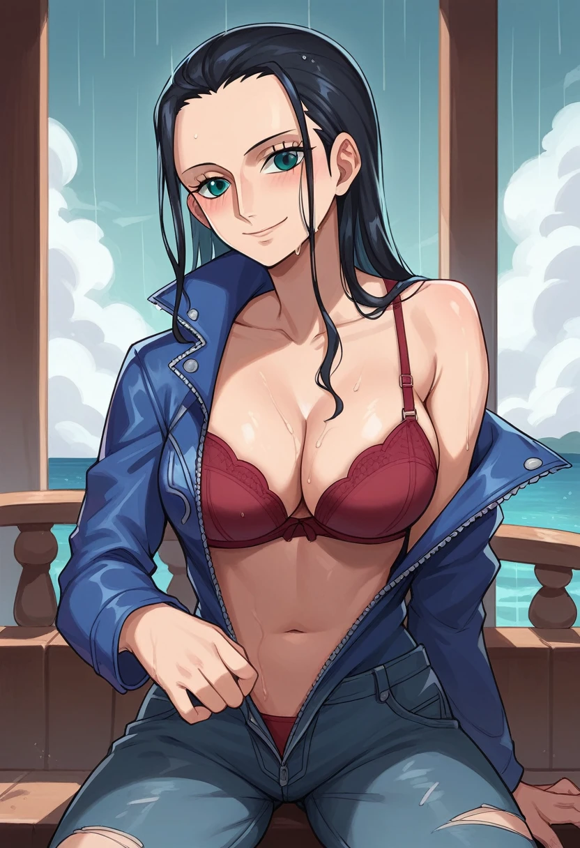 1girl, art by Eiichirio Oda, nico robin on a ship, rainy weather, nico robin is wearing an maroon bra, short black denim, wet body and hair, colourful image, bra falling off her shoulder, unbottoned pant, unzipped short denim, off shoulder blue short jacket, sexy smile