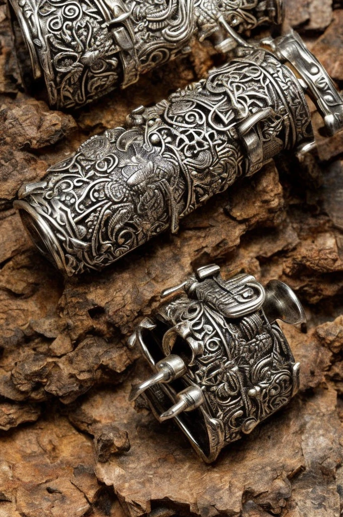 Create a hyper-realistic 4K image of a stylized battle horn. The horn should be crafted from ancient, weathered bone with intricate carvings and tribal patterns along its surface. The mouthpiece is wrapped in worn leather and adorned with metal studs. The horn's body features engraved symbols and runes, hinting at its mystical origins. It is decorated with feathers, beads, and small metallic charms that sway gently. Position the horn against a backdrop of rugged, moss-covered stones, with soft, ambient lighting to accentuate the details and textures.