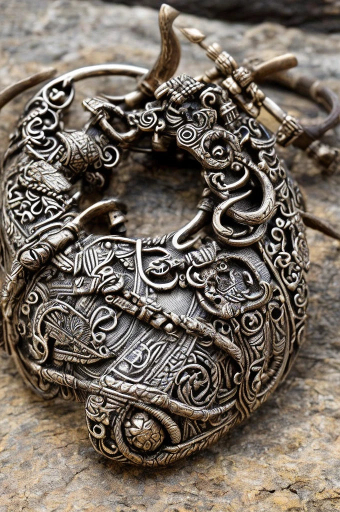 Create a hyper-realistic 4K image of a stylized battle horn. The horn should be crafted from ancient, weathered bone with intricate carvings and tribal patterns along its surface. The mouthpiece is wrapped in worn leather and adorned with metal studs. The horn's body features engraved symbols and runes, hinting at its mystical origins. It is decorated with feathers, beads, and small metallic charms that sway gently. Position the horn against a backdrop of rugged, moss-covered stones, with soft, ambient lighting to accentuate the details and textures.