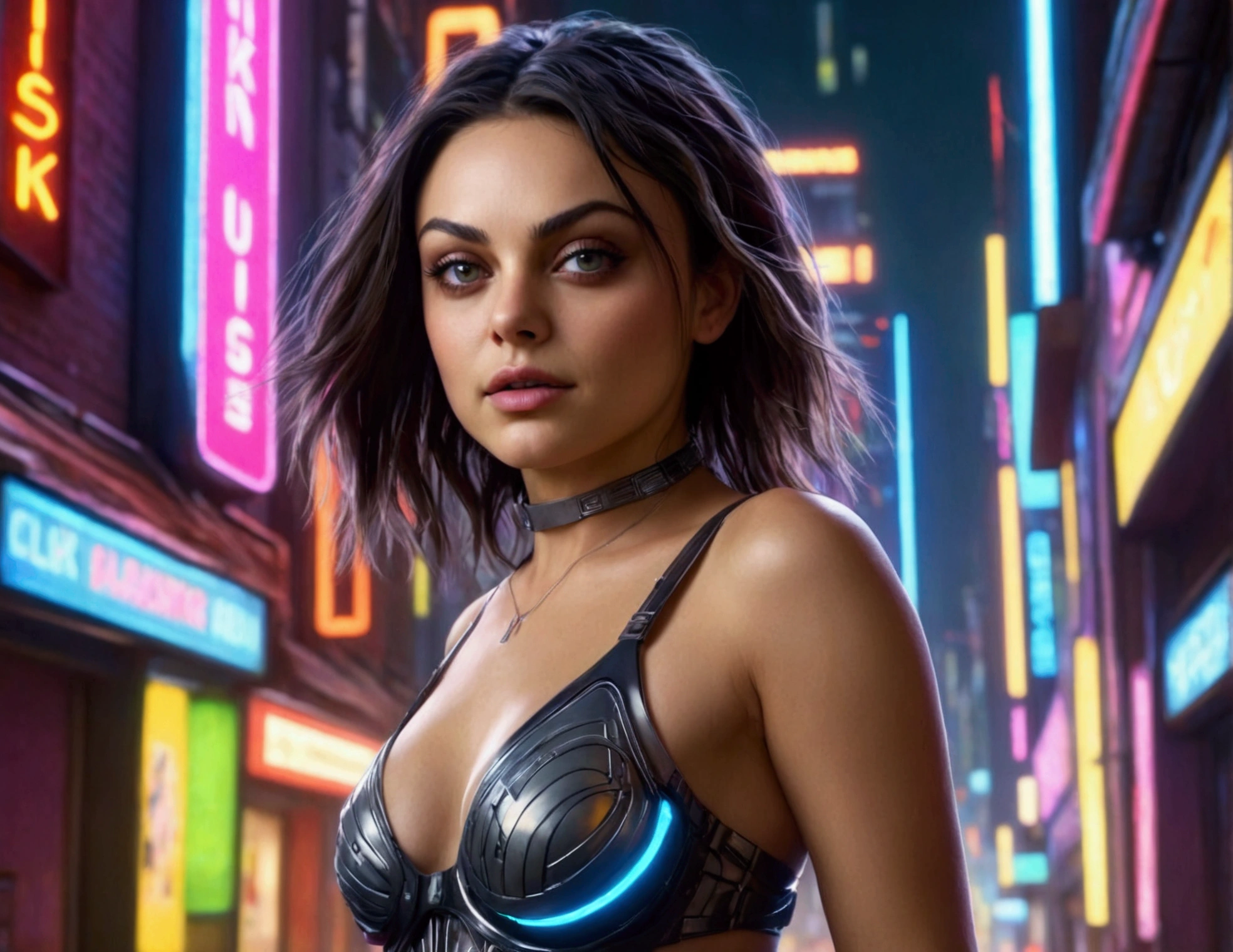 Mila Kunis,20 years old,skimpy outfit,playful,cyberpunk city,neon lights,high-tech,futuristic cityscape,detailed face,beautiful eyes,long eyelashes,detailed facial features,flawless skin,dynamic pose,graceful movements,ultrarealistic,cinematic lighting,vibrant colors,8k,photorealistic,Ray tracing,volumetric lighting,dramatic shadows