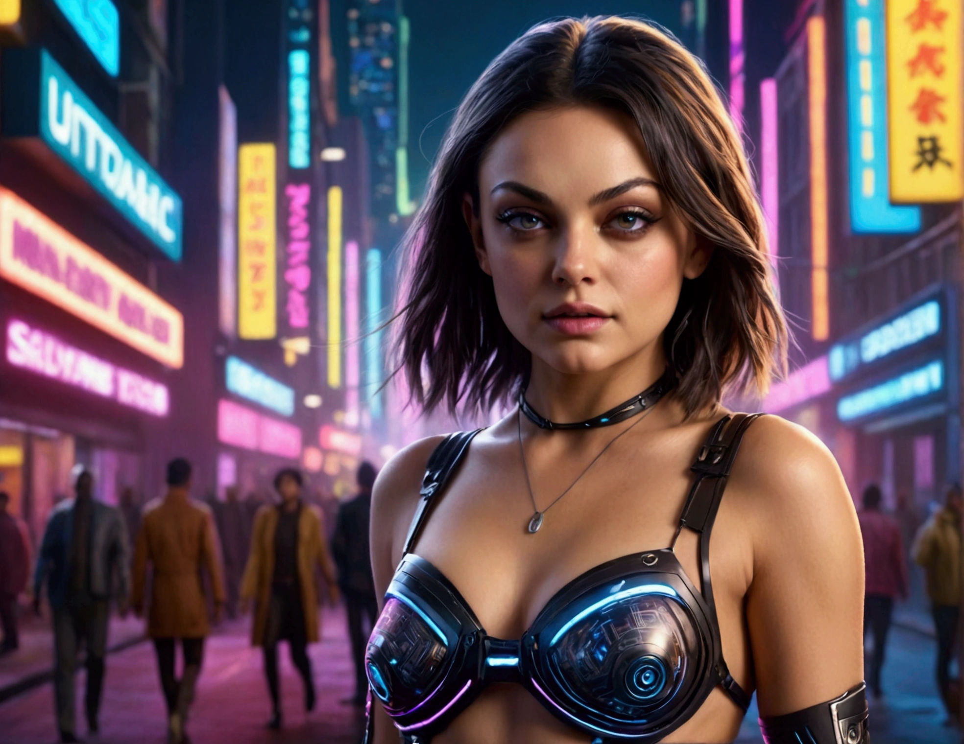 Mila Kunis,20 years old,skimpy outfit,playful,cyberpunk city,neon lights,high-tech,futuristic cityscape,detailed face,beautiful eyes,long eyelashes,detailed facial features,flawless skin,dynamic pose,graceful movements,ultrarealistic,cinematic lighting,vibrant colors,8k,photorealistic,Ray tracing,volumetric lighting,dramatic shadows