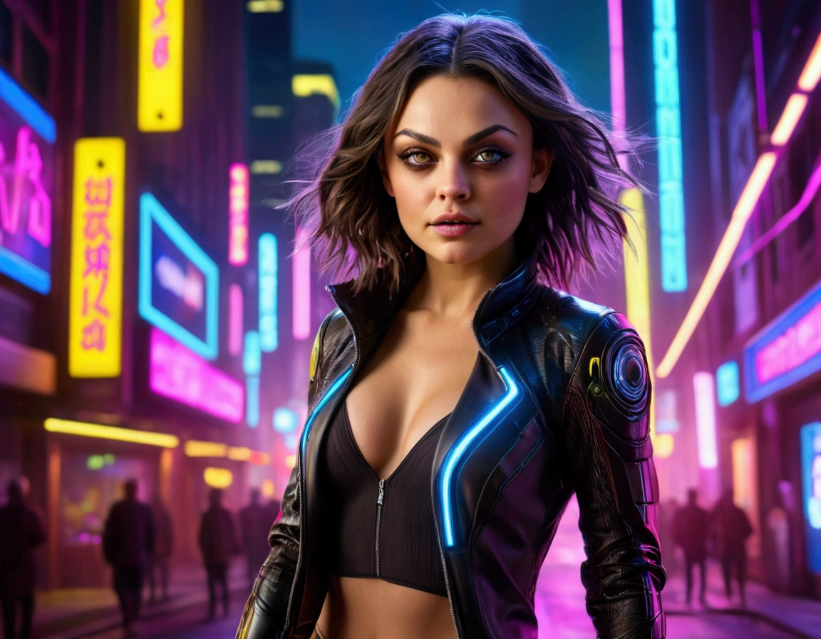 Mila Kunis,20 years old,skimpy outfit,playful,cyberpunk city,neon lights,high-tech,futuristic cityscape,detailed face,beautiful eyes,long eyelashes,detailed facial features,flawless skin,dynamic pose,graceful movements,ultrarealistic,cinematic lighting,vibrant colors,8k,photorealistic,Ray tracing,volumetric lighting,dramatic shadows