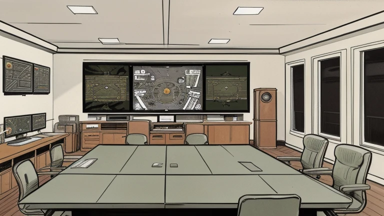 Cartoon style, military command center room in 1950