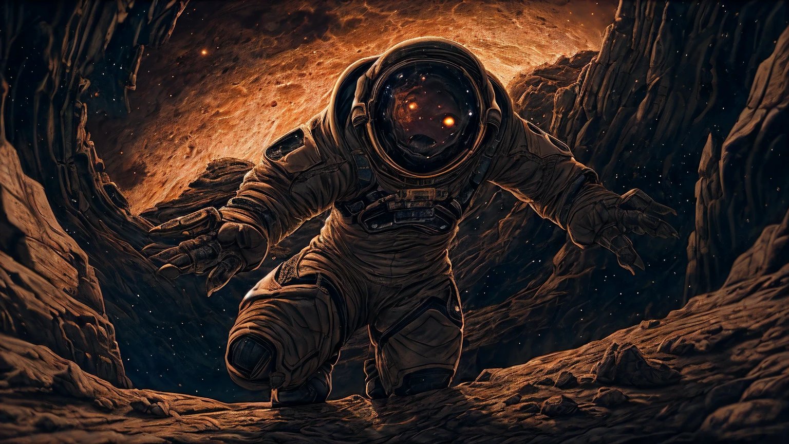 cinematic film, Realistic photograph,
An astronaut stands at the edge of a daunting canyon on Mars, gazing into the vast chasm that stretches before him under the starlit sky. The night is illuminated by the distant stars and the faint light of the planet, casting long shadows across the Martian landscape. The steep and rugged walls of the canyon seem insurmountable, and the astronaut, clad in his spacesuit, screams into the void, a mix of awe and exasperation evident in his expression. The Martian terrain, scattered with rocks and shadows, adds to the atmosphere of mystery and the challenges of space exploration.
,shallow depth of field, vignette, highly detailed, high budget, bokeh, cinemascope, moody, epic, gorgeous, film grain, grainy,