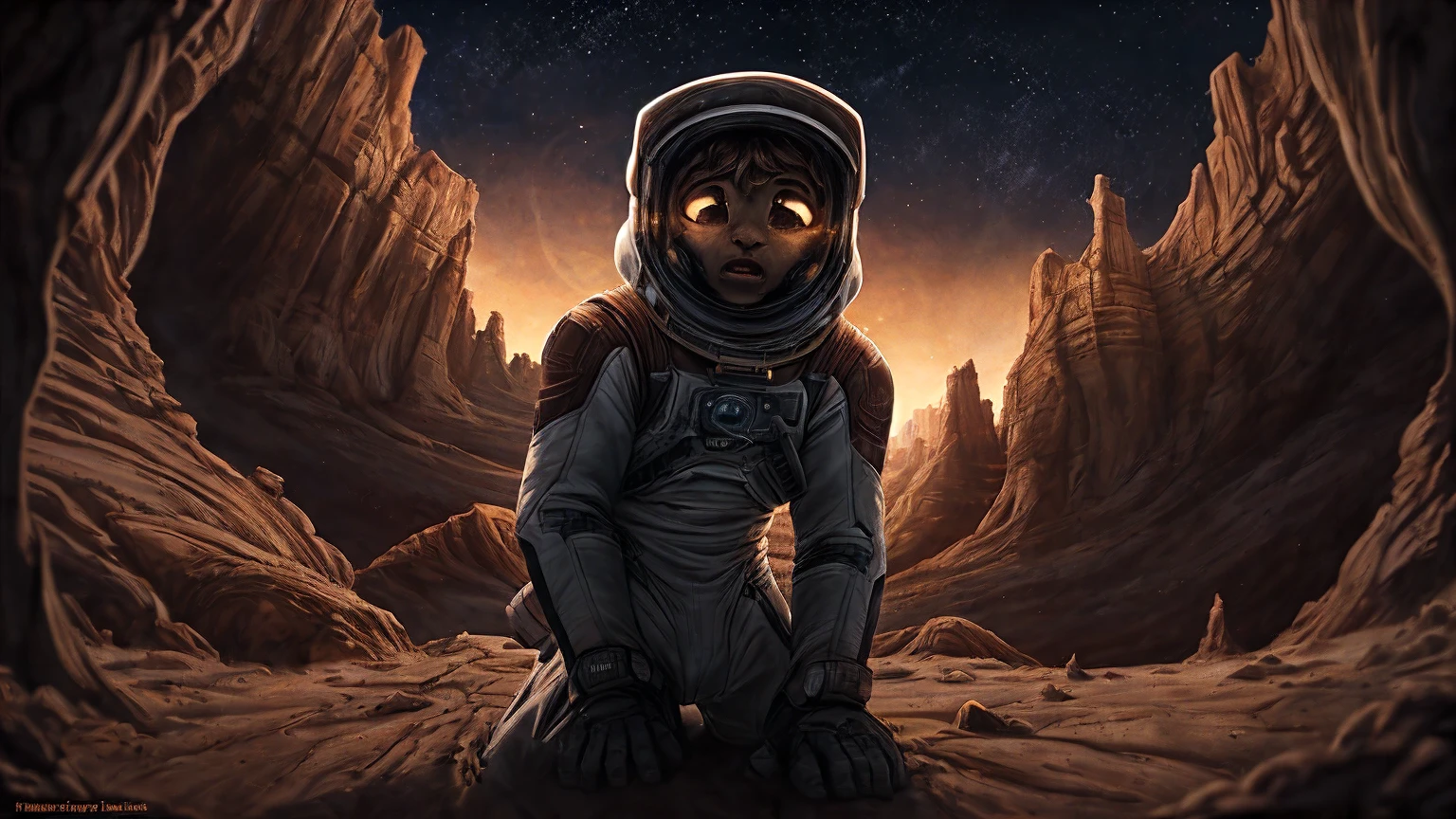 cinematic film, Realistic photograph,
An astronaut stands at the edge of a daunting canyon on Mars, gazing into the vast chasm that stretches before him under the starlit sky. The night is illuminated by the distant stars and the faint light of the planet, casting long shadows across the Martian landscape. The steep and rugged walls of the canyon seem insurmountable, and the astronaut, clad in his spacesuit, screams into the void, a mix of awe and exasperation evident in his expression. The Martian terrain, scattered with rocks and shadows, adds to the atmosphere of mystery and the challenges of space exploration.
,shallow depth of field, vignette, highly detailed, high budget, bokeh, cinemascope, moody, epic, gorgeous, film grain, grainy,
