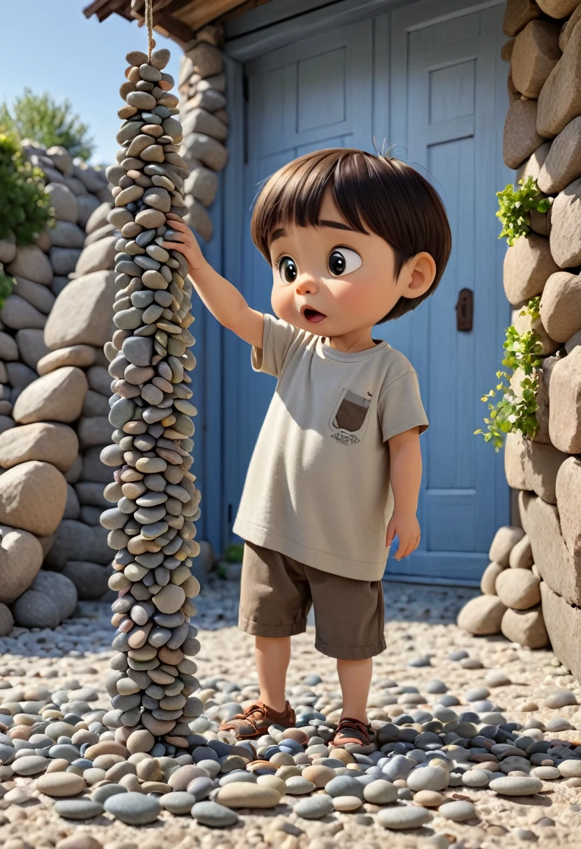 A Small kid with a body made out of pebbles standing while tearing himslef apart and hanging the pebbles to an older version of themselves with a body made out of stone