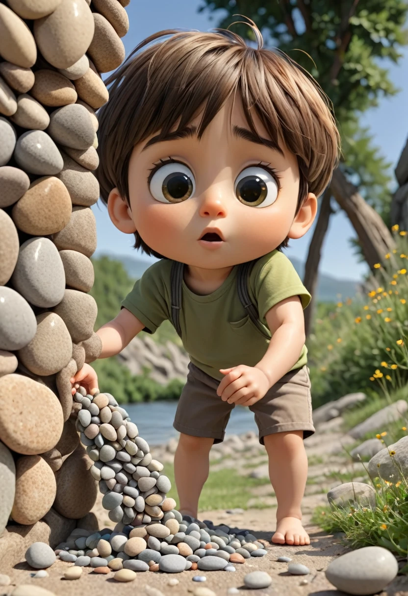 A Small kid with a body made out of pebbles standing while tearing himslef apart and hanging the pebbles to an older version of themselves with a body made out of stone 