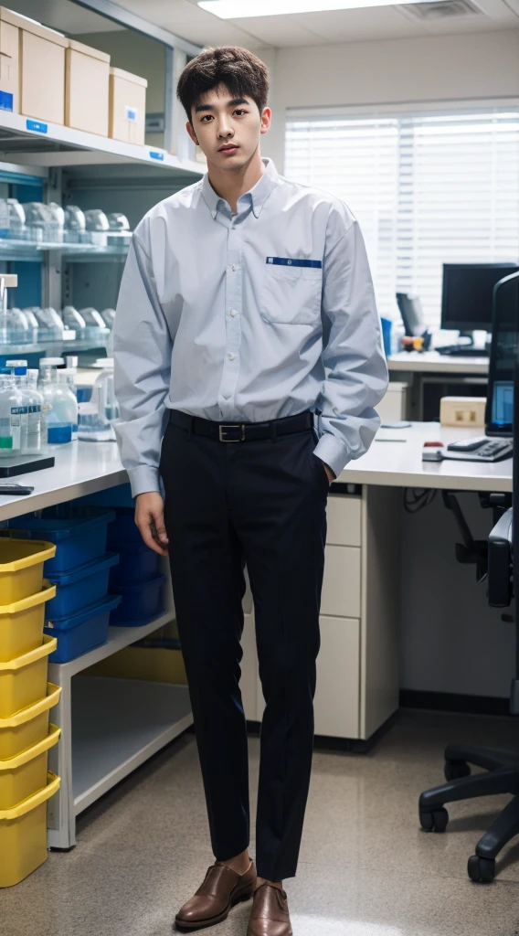 (8k,RAW photos,Best quality,nmasterpiece:1.2),(make realistic,photo realistic:1.37),In the lab,A guy,Wearing a white trigram,sideways standing,Whole human body,Professional attire