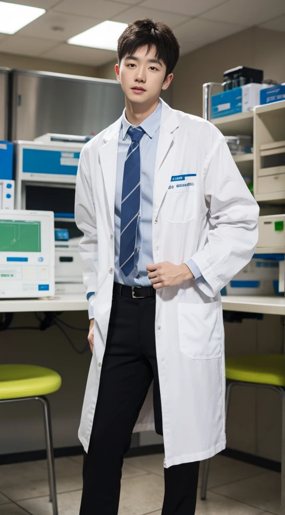 （8k，RAW photos，Best quality，nmasterpiece：1.2），（make realistic，photo realistic：1.37），In the lab，A guy，Wearing a white trigram，sideways standing，Whole human body，Professional attire