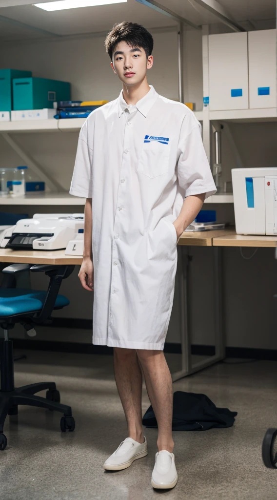(8k,RAW photos,Best quality,nmasterpiece:1.2),(make realistic,photo realistic:1.37),In the lab,A guy,Wearing a white trigram,sideways standing,Whole human body,Professional attire