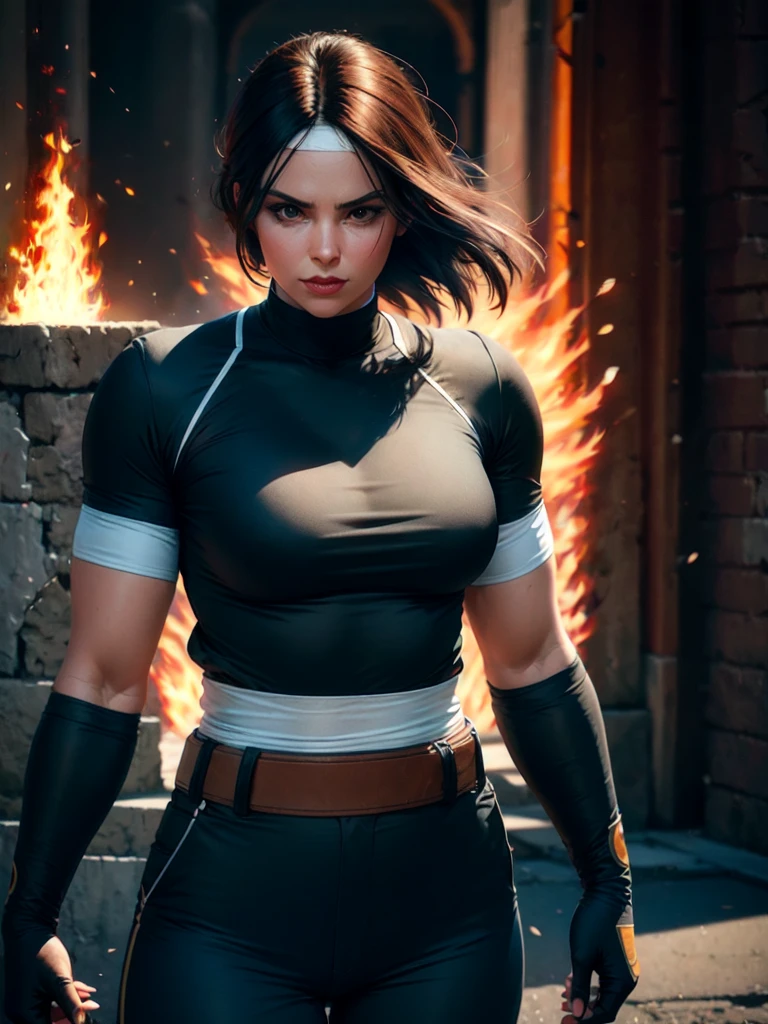30-year-old woman, alone, alone, athletic, dark hair, white band on her forehead, white short-sleeved shirt, black open short-sleeved jacket, black hip-length pants, thin brown belt, wears black fingerless gloves covering almost his entire forearm, serious look looking at the viewer, fire coming out of his hand, cinematic, ultra sharp focus, award-winning photography, perfect contrast, high sharpness, depth of field, ultra detailed photography, global illumination, fluid, ultra high definition , 8k, Unreal Engine 5, ultra-sharp focus, award-winning photography, art season trends,