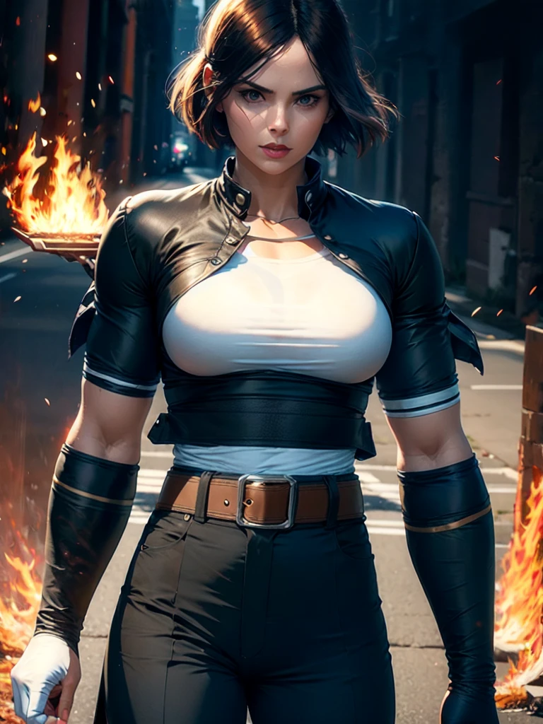 30-year-old woman, alone, alone, athletic, dark hair, white band on her forehead, white short-sleeved shirt, black open short-sleeved jacket, black hip-length pants, thin brown belt, wears black fingerless gloves covering almost his entire forearm, serious look looking at the viewer, fire coming out of his hand, cinematic, ultra sharp focus, award-winning photography, perfect contrast, high sharpness, depth of field, ultra detailed photography, global illumination, fluid, ultra high definition , 8k, Unreal Engine 5, ultra-sharp focus, award-winning photography, art season trends,