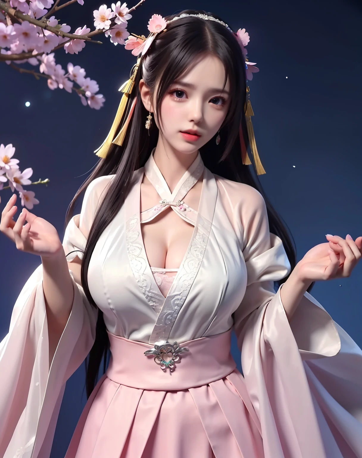 (8k, RAW photo:1.2), best quality, ultra high res,dramatic angle,(fluttered detailed color splashs), (illustration),(((1 girl))),(long hair),(rain:0.9), (Headdress:1.4),There is an ancient palace beside the girl,Hanfu,(Key Points),Color ink painting,(Splash of Color),Splash of Color,(((colorful))),(sketch:0.8) , Masterpiece, best quality, beautiful painted, highly detailed,(denoising:0.6),[splash ink],((ink refraction)), (beautiful detailed sky),moon,highly,detaild,(masterpiece, best quality, extremely detailed） CG Unity 8k Wallpaper，masterpiece，best quality，Ultra Detailed），（Lycoris）.shoulder ballet dress open V-chested clothes Thin silk lace dress short skirt , (huge ，cleavage),, white pink, blue ，best qualtiy，tmasterpiece，Ultra-high resolution，（Reality：1.4），RAW photogr，（True skin texture：1.3），（filmgrain：1.3），（Selfie angle），1个Giant Breast Girl，Beautiful eye and face details，tmasterpiece，Best quality at best，，The chest more exposed， detailed hair, bra pink , detail 8k, full body, lace petticoat. play guzheng