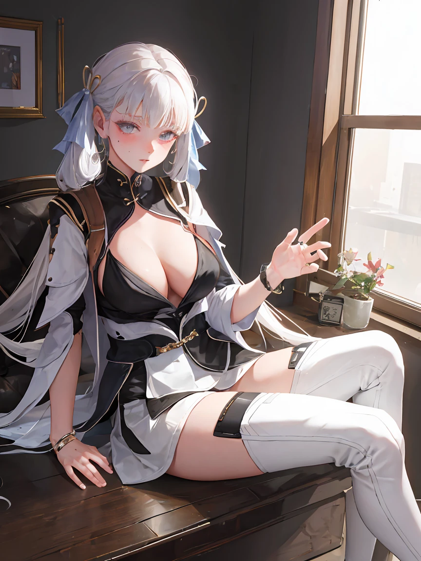 masterpiece,official art,extremely detailed cg unity 8k wallpaper,highly detailed,absurdres,8k resolution,1girl, solo, long hair, breasts, looking at viewer, blush, bangs, large breasts, simple background, hair ornament, thighhighs, white background, ribbon, cleavage, twintails, jewelry, medium breasts, sitting, very long hair, closed mouth, hair ribbon,
white hair, grey hair, earrings, mole, white thighhighs, grey eyes, mole under eye, mole on breast,