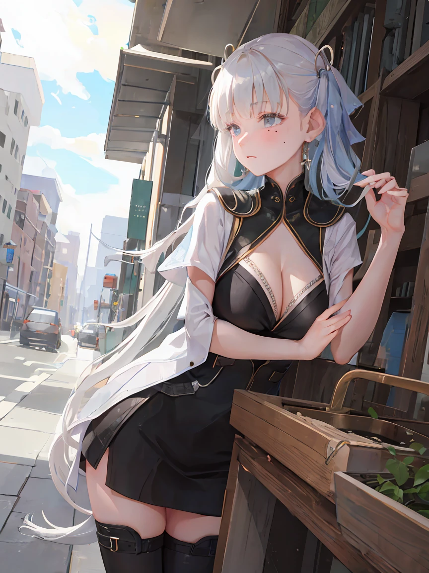 masterpiece,official art,extremely detailed cg unity 8k wallpaper,highly detailed,absurdres,8k resolution,1girl, solo, long hair, breasts, looking at viewer, blush, bangs, large breasts, simple background, hair ornament, thighhighs, white background, ribbon, cleavage, twintails, jewelry, medium breasts, sitting, very long hair, closed mouth, hair ribbon,
white hair, grey hair, earrings, mole, white thighhighs, grey eyes, mole under eye, mole on breast,