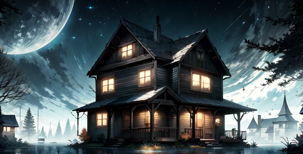 an abandoned house made of wood, American architecture from the 60s, autumn, beginning of winter, leaves without leaves, trees hanging next to the house, dark scenery, 4k, ultra-detailed, very realistic, dark_fantasy