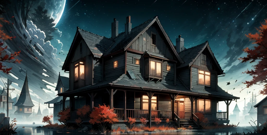 an abandoned house made of wood, American architecture from the 60s, autumn, beginning of winter, leaves without leaves, trees hanging next to the house, dark scenery, 4k, ultra-detailed, very realistic, dark_fantasy