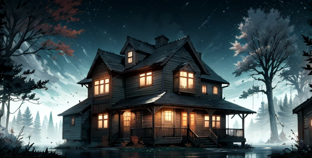 an abandoned house made of wood, American architecture from the 60s, autumn, beginning of winter, leaves without leaves, trees hanging next to the house, dark scenery, 4k, ultra-detailed, very realistic, dark_fantasy