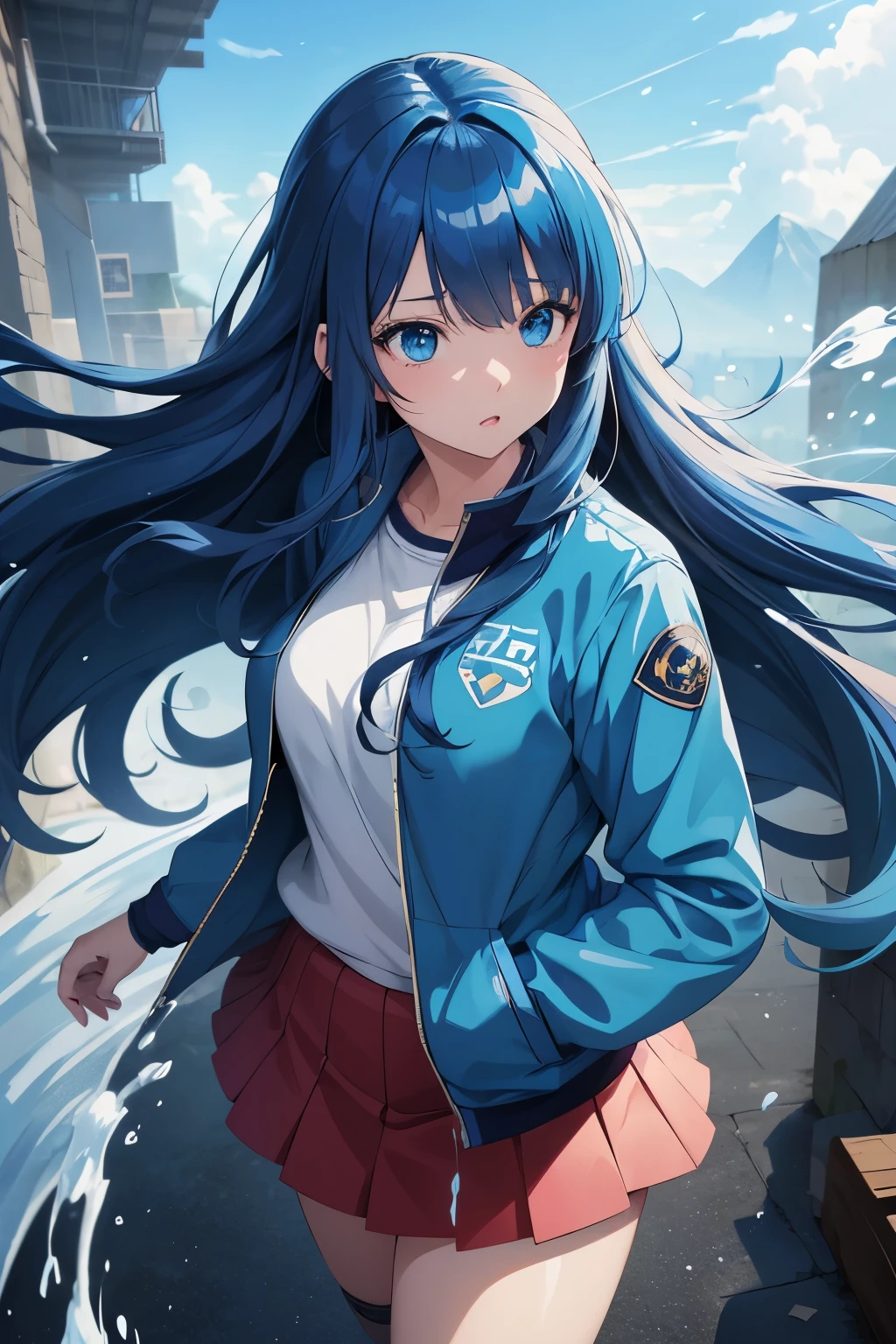 anime girl with long hair and blue eyes wearing a blue jacket, an anime drawing by Kamagurka, pixiv, auto-destructive art, anime visual of a cute girl, anime moe artstyle, anime style 4 k, detailed digital anime art, clean detailed anime art, cute anime girl, splash art anime , , anime style. 8k