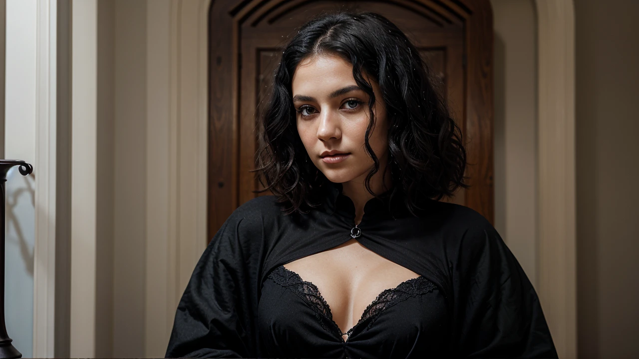 portrait of a 22 year old woman, short curly black hair. smooth and white skin, blue eyes and wearing black witch clothes. Medieval fantasy style. A somewhat indifferent and arrogant look.