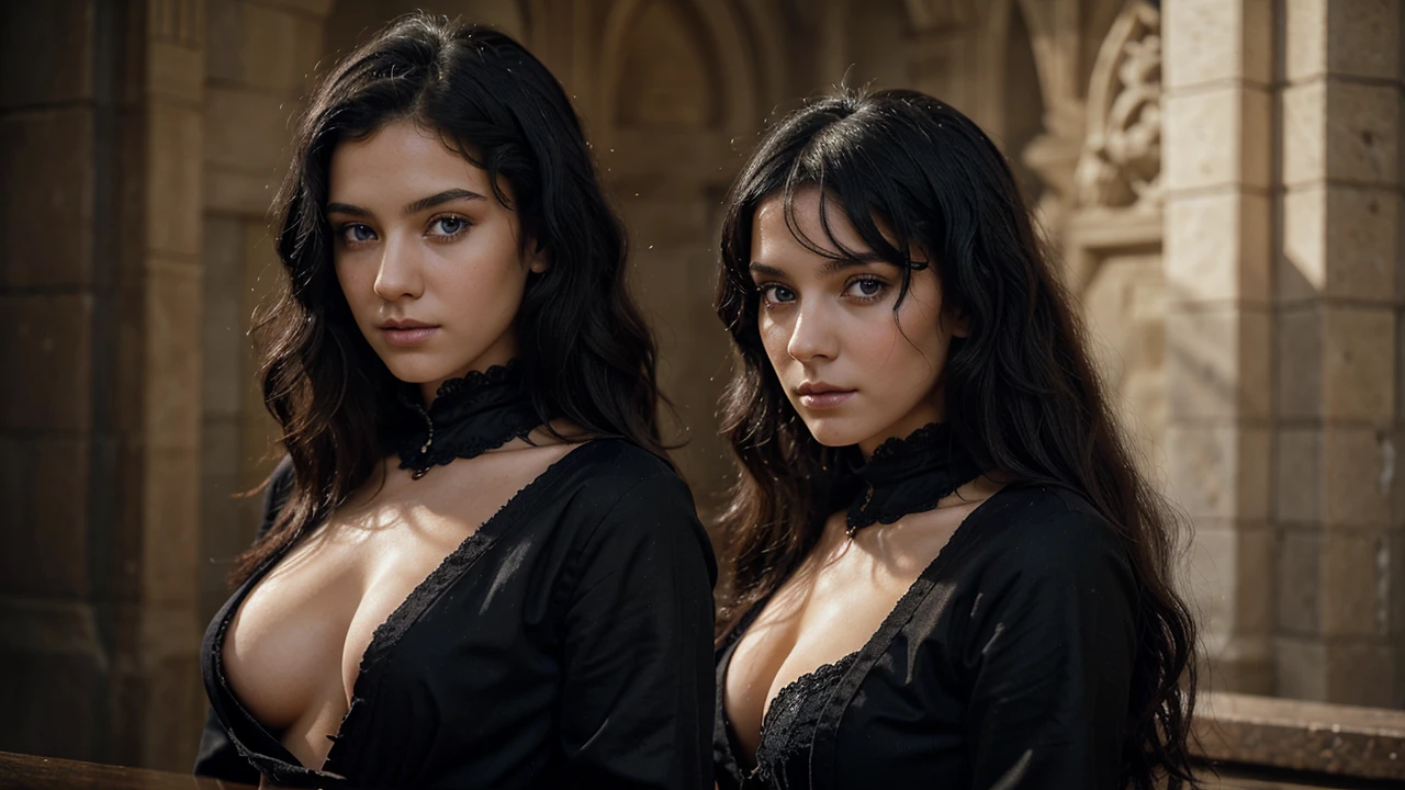 portrait of a 22 year old woman, short curly black hair. smooth and white skin, blue eyes and wearing black witch clothes. Medieval fantasy style. A somewhat indifferent and arrogant look.