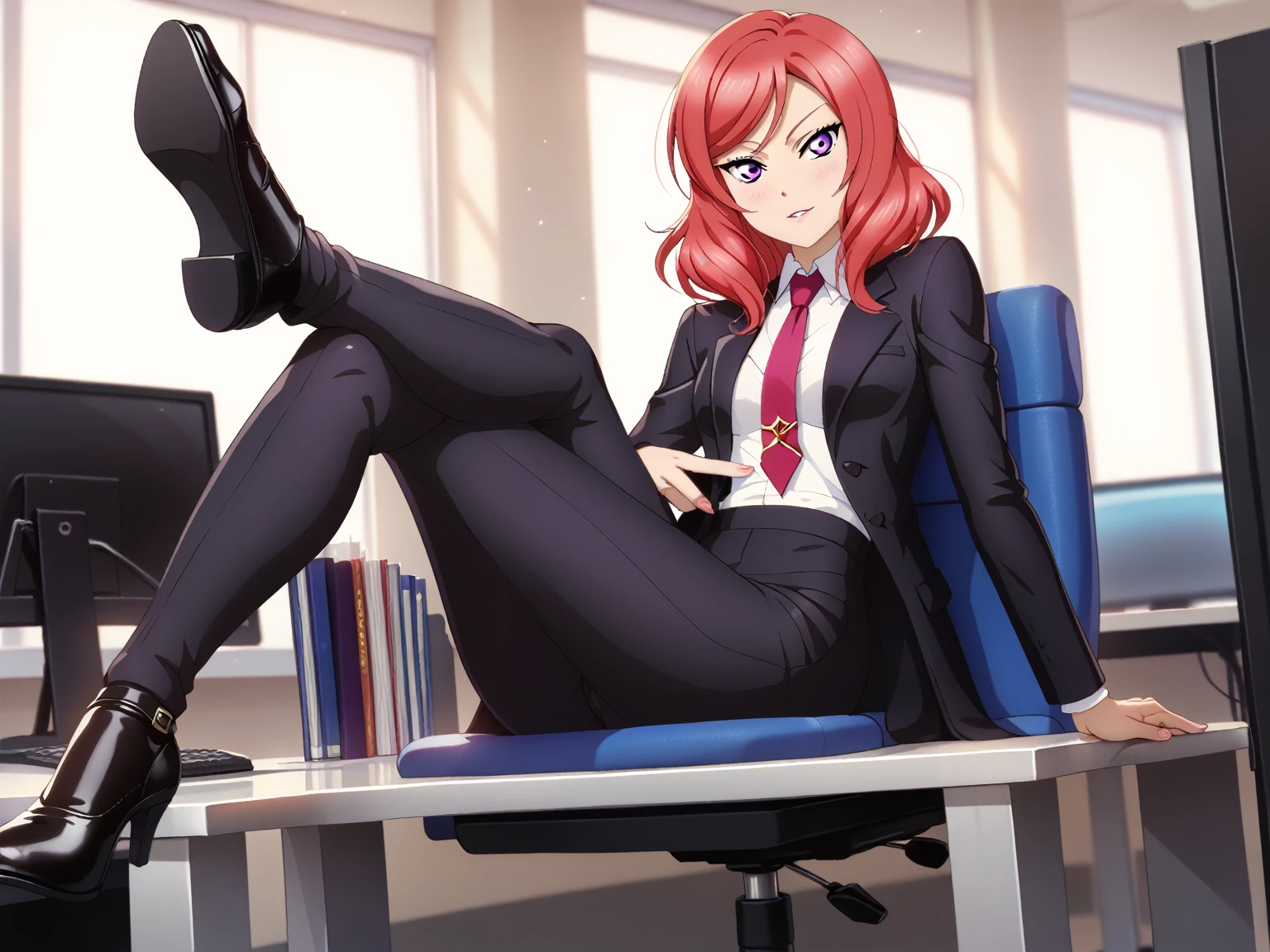 masterpiece, best quality,solo, nishikino maki,red hair, purple eyes, black formal suit, pants, sitting , crossed legs ,neck tie, Sexual seduction, sexualised ,in office , front view , shiny black shoes