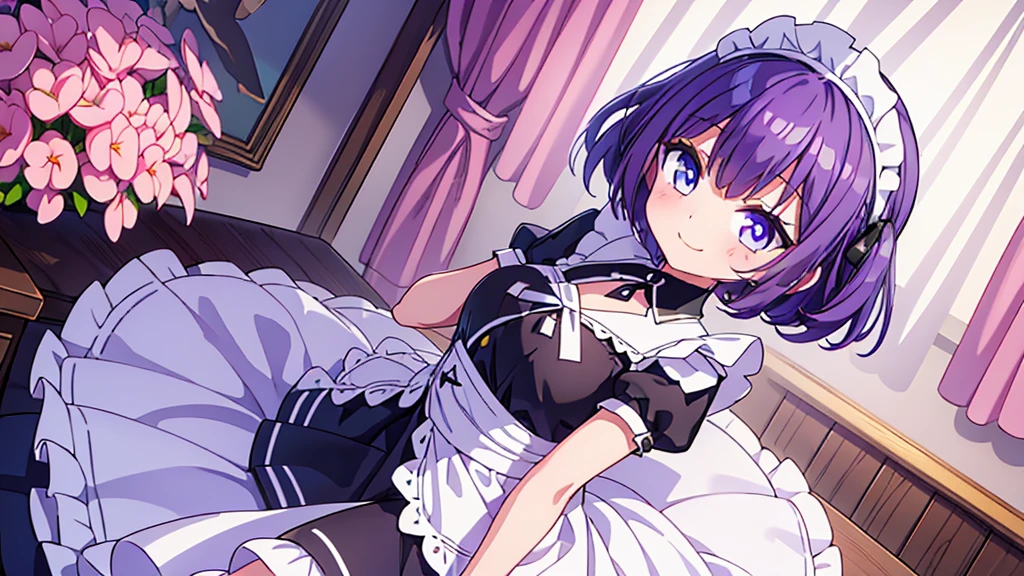 1 girl , short purple hair, cute eyes, wearing maid uniform , black and white maid uniform,  smiling , normal size chest , high res, ultrasharp, 8K, masterpiece, looking at viewer