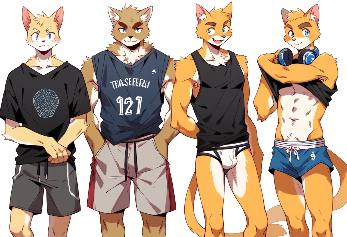 score_9, score_8_up, score_7_up, male, furry, high quality, hires, anthro, , 16 yearsic cat, basketball player, bright yellow fur, blue eyes, wide brown eyebrows, excited expression, humanoid feet, slim body, prominent v-line, prominent abs, prominent legs, prominent forearm, prominent knees, white background, treasure trail, armpit hair, furry legs, in various sexy poses, headphon casual clothes, joggers, black shirt, shorts, showing off, folded arms