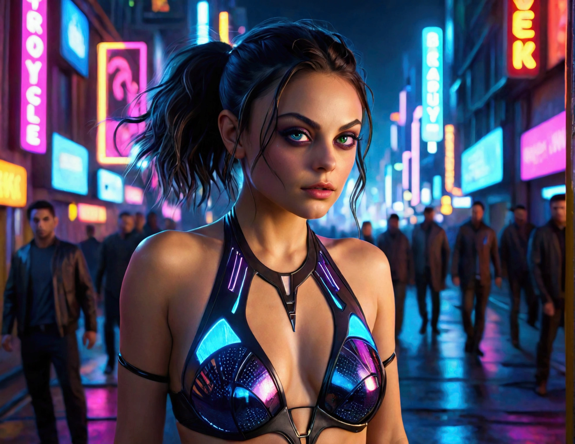 Mila Kunis,20 years old,skimpy outfit,playful,cyberpunk city,neon lights,high-tech,futuristic cityscape,detailed face,beautiful eyes,long eyelashes,detailed facial features,flawless skin,dynamic pose,graceful movements,ultrarealistic,cinematic lighting,vibrant colors,8k,photorealistic,Ray tracing,volumetric lighting,dramatic shadows
