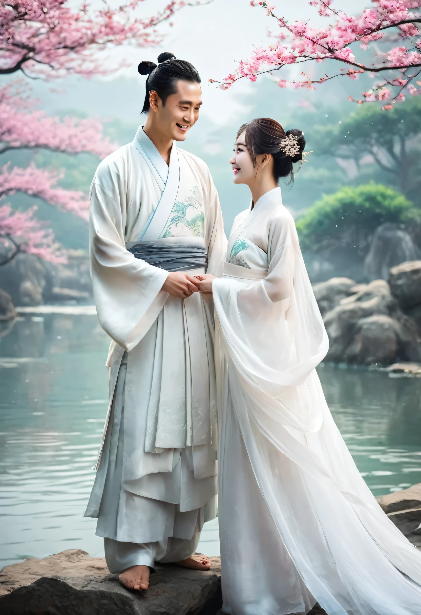 (A couple, beautiful girl and boy), big watery eyes, looking at each other, smiling and wearing white clothes, delicate hair, an ancient Chinese beauty and Handsome guy, wearing ancient Chinese clothing, flowing tulle, light silk,(clean background), ink painting style, clean color, decisive cutting, blank, freehand, masterpiece, super detailed, epic composition, high quality, the highest quality, 4k