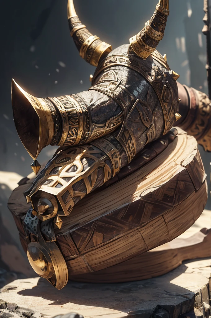 Create a hyper-realistic 4K image of a stylized battle horn. The horn should be crafted from ancient, weathered bone with intricate carvings and tribal patterns along its surface. The mouthpiece is wrapped in worn leather and adorned with metal studs. The horn's body features engraved symbols and runes, hinting at its mystical origins. It is decorated with feathers, beads, and small metallic charms that sway gently. Position the horn against a backdrop of rugged, moss-covered stones, with soft, ambient lighting to accentuate the details and textures.