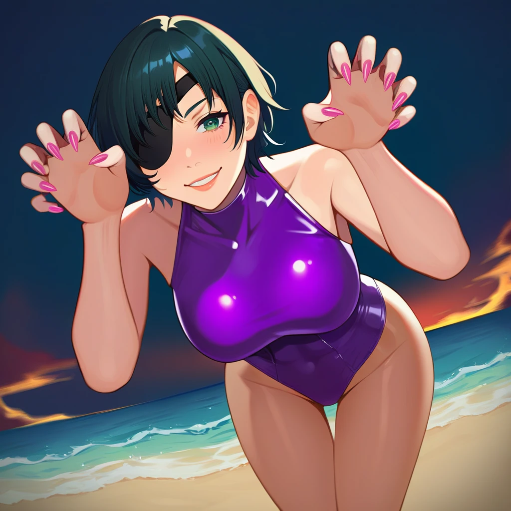 mature female, mature, Adult, himeno, himeno(Chainsaw Man), 1girl, black hair, short hair, eyepatch, solo, seductive smile, grin, nsfw, Villains, Bending forward, claw pose, Raise arms, chest, View your audience, Beach, night, Dark, latex purple leotard, dramatic angle, unique perspective, unique angle, masterpiece, Top animation quality，Top image quality,