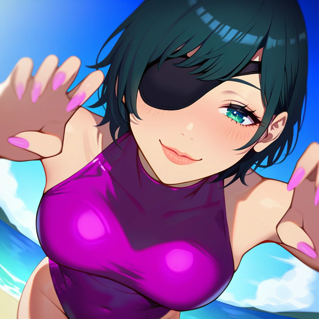 mature female, mature, Adult, himeno, himeno(Chainsaw Man), 1girl, black hair, short hair, eyepatch, solo, seductive smile, grin, nsfw, Villains, Bending forward, claw pose, Raise arms, chest, View your audience, Beach, night, Dark, latex purple leotard, dramatic angle, unique perspective, unique angle, masterpiece, Top animation quality，Top image quality,