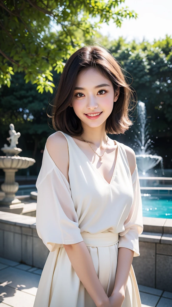 high quality,master piece,by famous artist,high resolution,lens flare,a girl, one girl,solo focus,alone,4K,8k,raw photo,perfect anatomy,short brown hair,necklace,big eyes,Japanese women,Age 27,healthy,maternal,positive,bright,kind,Young Woman Fashion,Trending Fashion,(Elegant Style)、Beautiful Skin,Fair skin,最high quality,4K,8k,masterpiece,Young and beautiful,Charm,ecup bust、An innocent smile、smile、teeth、A little embarrassed expression、one girl、The background is a park、There is a fountain、Flowers、one girl,Detailed hands and fingers、Arms down、Anatomically correct body、one girl,very nice lady,one girl