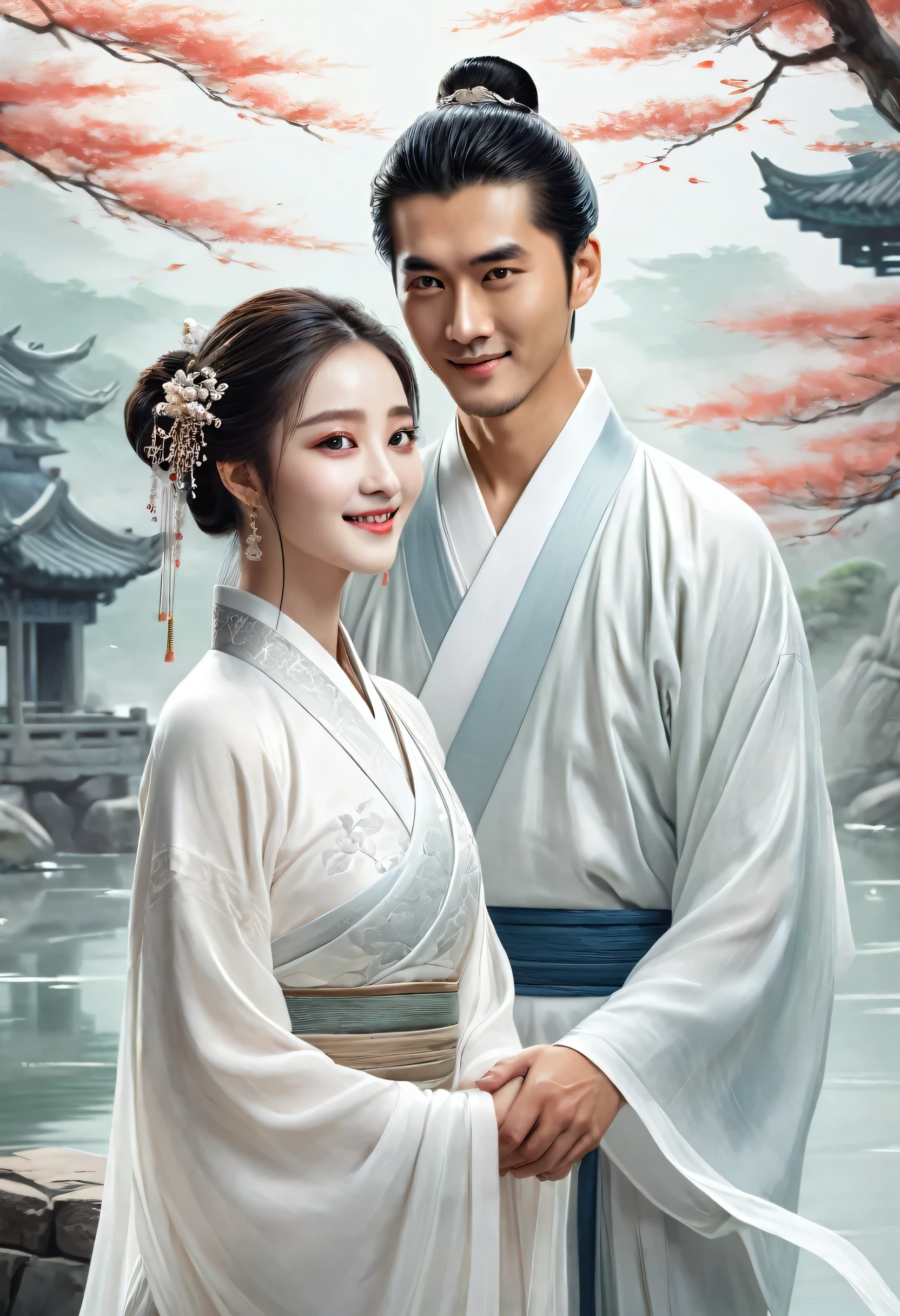 (A couple, beautiful girl and boy), big watery eyes, looking at each other, smiling and wearing white clothes, delicate hair, an ancient Chinese beauty and Handsome guy, wearing ancient Chinese clothing, flowing tulle, light silk,(clean background), ink painting style, clean color, decisive cutting, blank, freehand, masterpiece, super detailed, epic composition, high quality, the highest quality, 4k