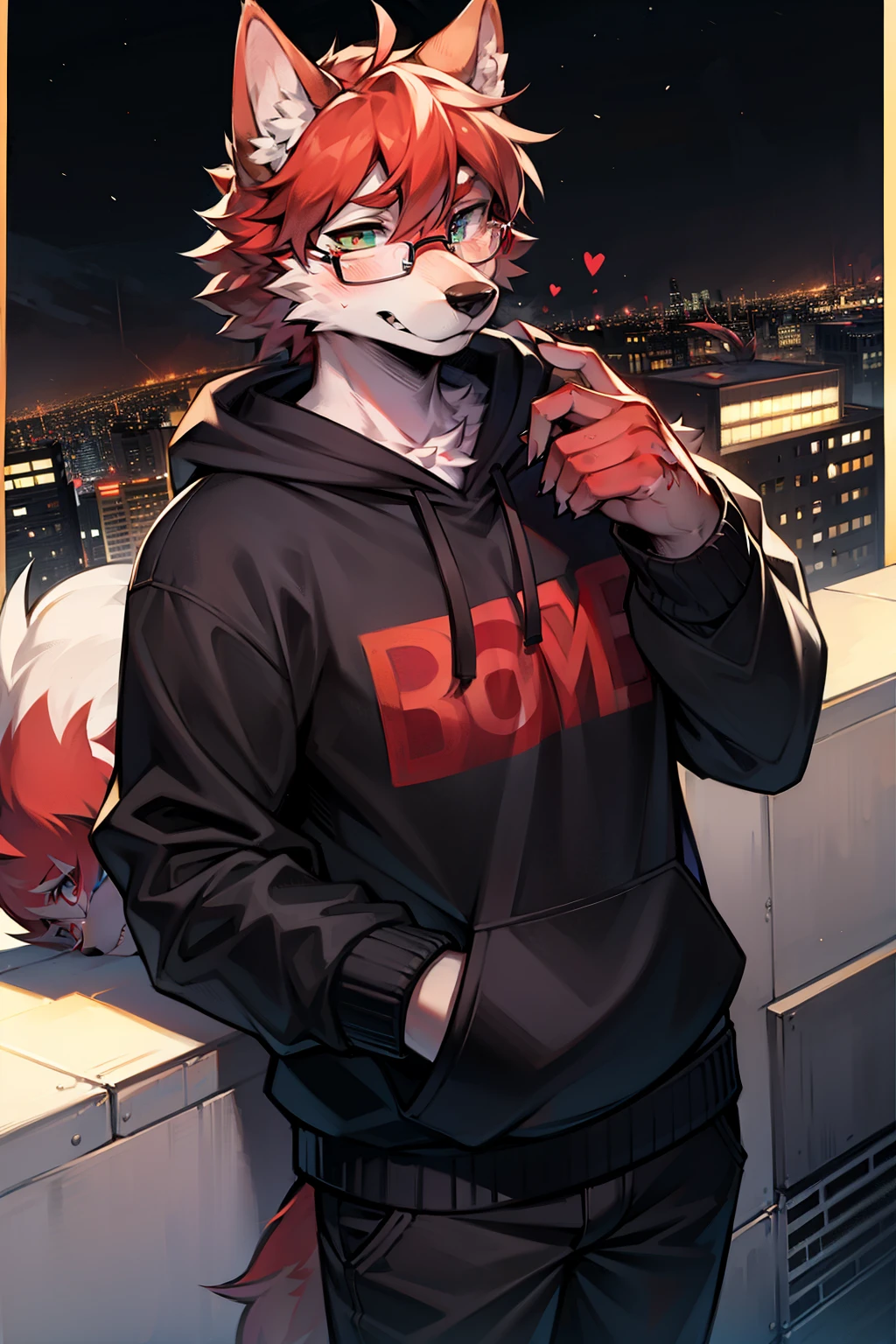 On the rooftop at night。A white background with purple stripes。Heterochromia:Right eye is blood red,Left eye yes,Wears black square-rimmed glasses,Wearing a sweatshirt,A cool high school student wolf beastman holding glasses in his right hand