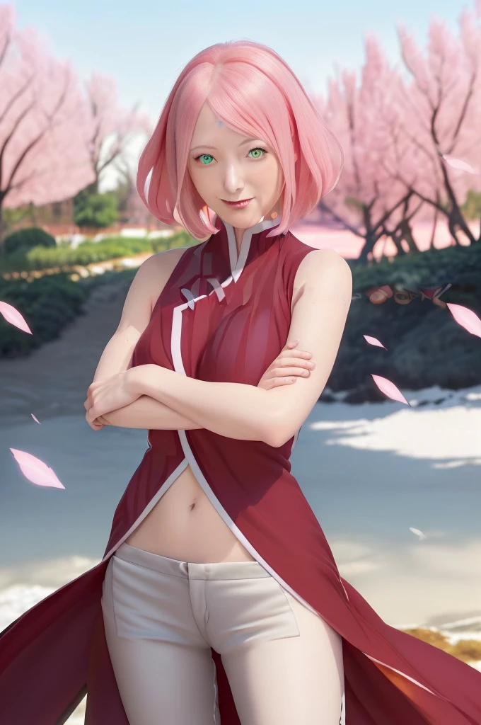 1girl, sakura from anime naruto, short pink hair, beautiful green eyes, smiling face, wearing sexy pink dress, detailed realistic clothes, very big breasts, realistic indoor wallpaper background, (best quality,4k,8k,highres,masterpiece:1.2),ultra-detailed,(realistic,photorealistic,photo-realistic:1.37),HDR,UHD,studio lighting,ultra-fine painting,sharp focus,physically-based rendering,extreme detail description,professional,vivid colors,bokeh,portraits,anime