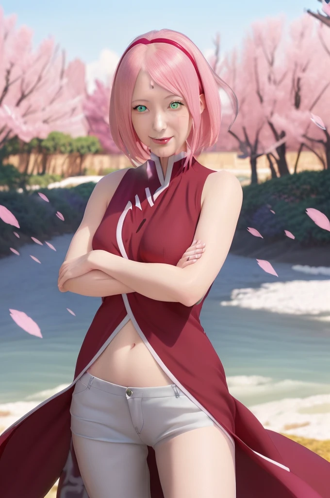 1girl, sakura from anime naruto, short pink hair, beautiful green eyes, smiling face, wearing sexy pink dress, detailed realistic clothes, very big breasts, realistic indoor wallpaper background, (best quality,4k,8k,highres,masterpiece:1.2),ultra-detailed,(realistic,photorealistic,photo-realistic:1.37),HDR,UHD,studio lighting,ultra-fine painting,sharp focus,physically-based rendering,extreme detail description,professional,vivid colors,bokeh,portraits,anime