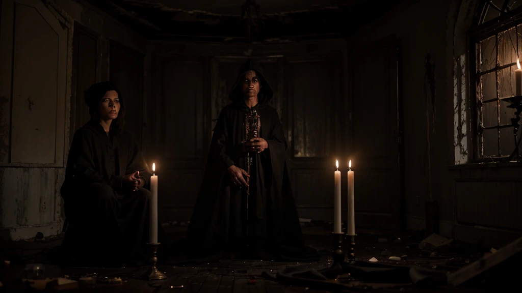 three different friends, inside the black magic ritual in the big abandoned house, with people in black robes, blood candles, voodoo, dark magic