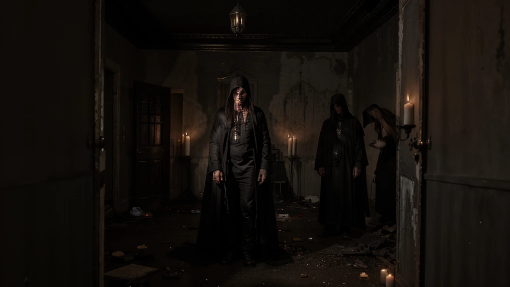 three different friends, inside the black magic ritual in the big abandoned house, with people in black robes, blood candles, voodoo, dark magic