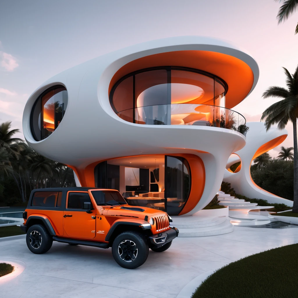 a futuristic house with an orange jeep wrangler parked in front of it, cgsocietywlop, beautiful curves, intricate devilish designs, qualia, interesting shapes & form, wow factor, elaborate polished, architectural rendering, miami, orange soft lighting in interior of house, futuristic battlefield, inspired by James E. Brewton, precise architectural rendering