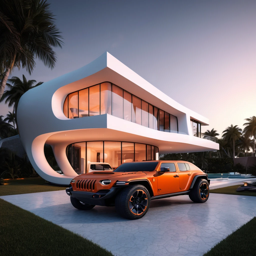 a futuristic house with an orange jeep wrangler parked in front of it, cgsocietywlop, beautiful curves, intricate devilish designs, qualia, interesting shapes & form, wow factor, elaborate polished, architectural rendering, miami, orange soft lighting in interior of house, futuristic battlefield, inspired by James E. Brewton, precise architectural rendering