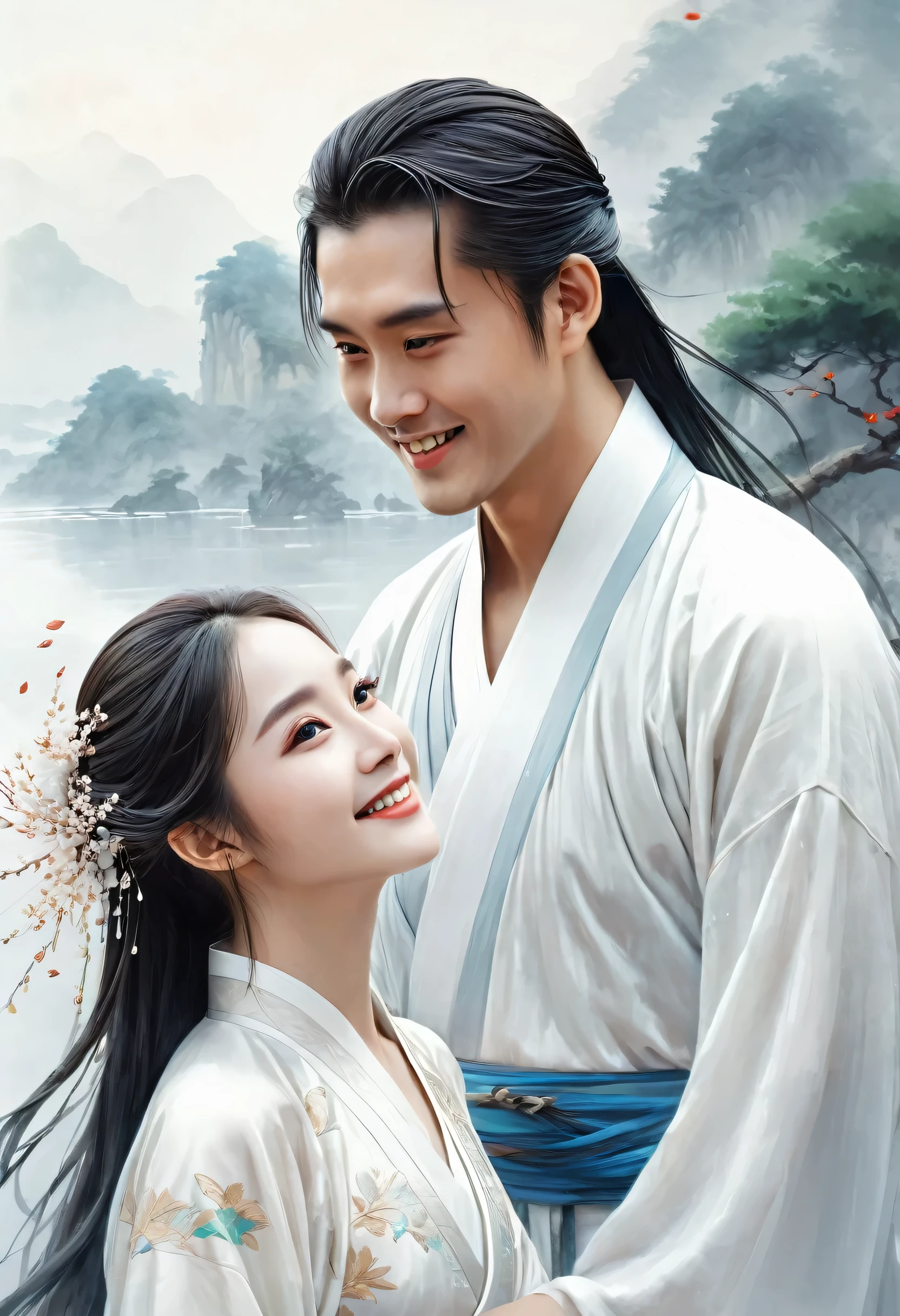 (A couple, beautiful girl and boy), big watery eyes, looking at each other, smiling and wearing white clothes, delicate hair, an ancient Chinese beauty and Handsome guy, wearing ancient Chinese clothing, flowing tulle, light silk,(clean background), ink painting style, clean color, decisive cutting, blank, freehand, masterpiece, super detailed, epic composition, high quality, the highest quality, 4k