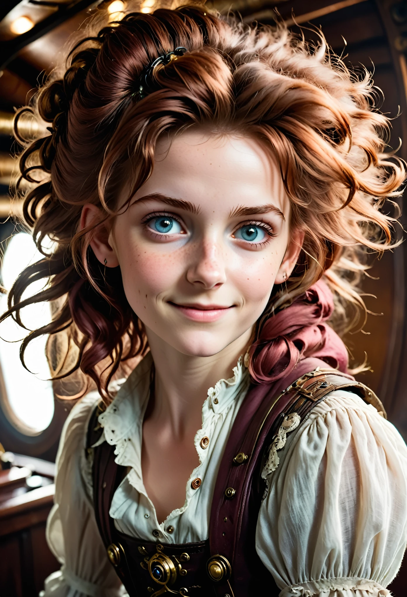 (editorial photography of a 20 year old Aerith Gainsborough), (highly detailed face:1.4) (smile:0.7) (background inside dark, moody, private study:1.3), steampunk pirate's airship, nikon d850, film stock photography, for kodak portra 400 ,camera f1.6 lens, bokeh, analog style, rich colors, hyper realistic, lifelike texture, dramatic lighting, cinestill 800, messy hair, serious, (freckles:0.4), pale skin, cute sexy